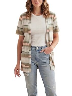 Perfect Peach Open Front French Terry Cardigan Women’s S Neutral Stripe